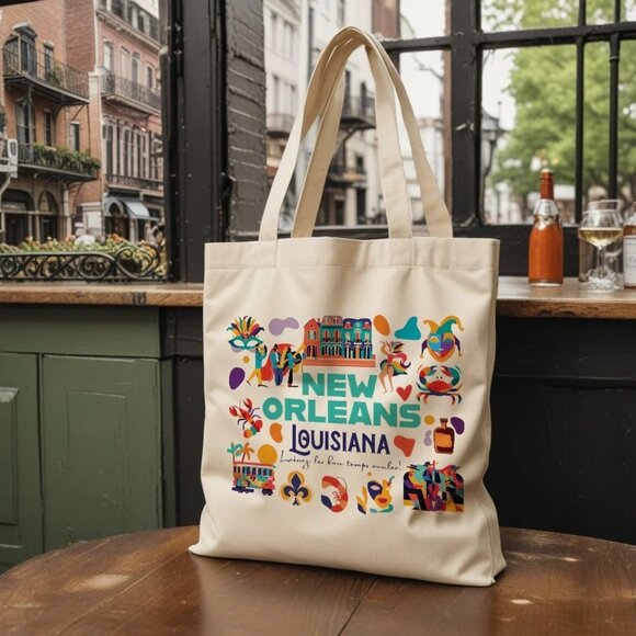 New Orleans Louisiana Canvas Tote Bag Mardi Gras NOLA Travel Souvenir Reusable - Picture 1 of 12